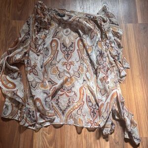 Basler Cream and Brown Ruffled Tie Front Blouse